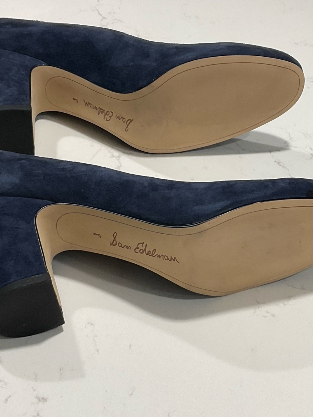 Sam Edelman Junie Navy Suede Block Heel Pumps Size 8 Round Toe 3” Heel - Picture 3 of 6